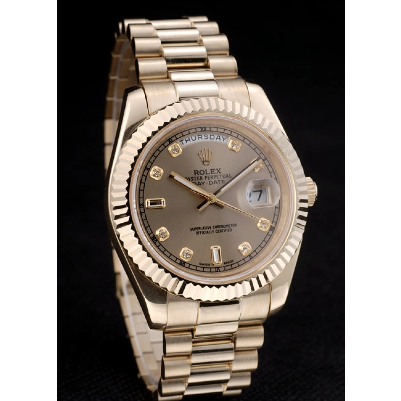 Aaa fake watches Rolex 41979 Ribbed Gold Goldish Bezel Stainless Steel Dial DayDate 0806